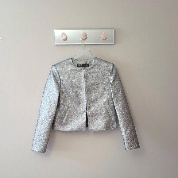 NWOT Zara charcoal silver metallic sheen laminated cropped jacket, XS - Picture 6 of 7
